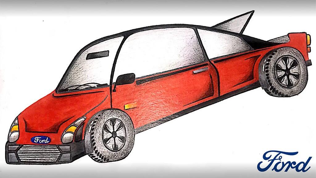 A red dream car drawn by Merari Ochoa from Ford School 171.